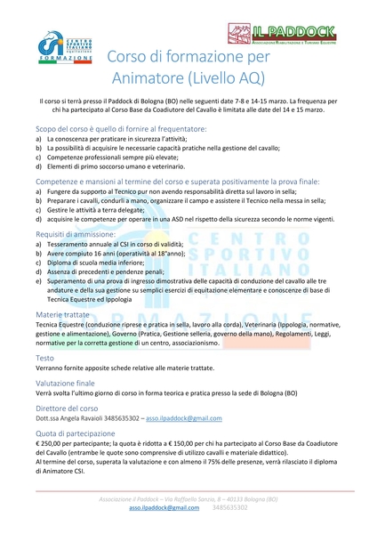 Corso di formazione per Animatore volantino